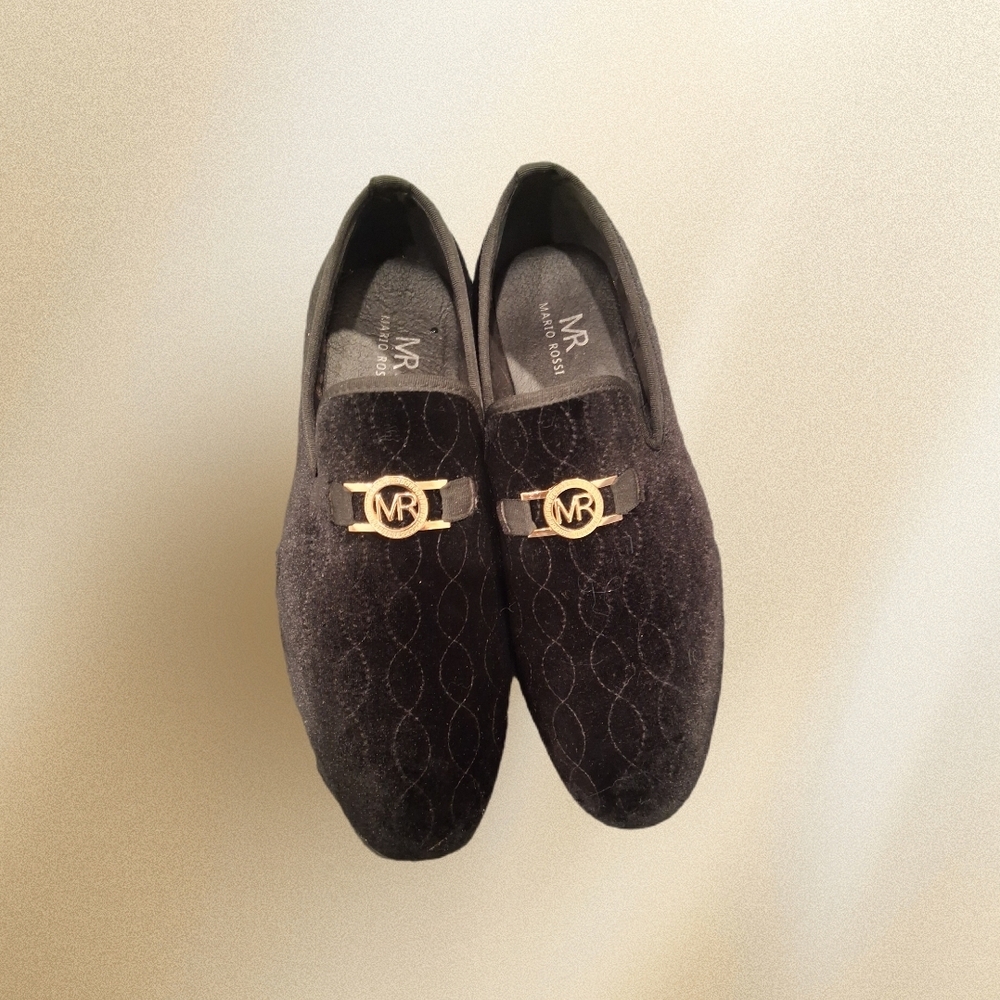 MR Black Velvet Slip-On Loafers with Gold Accent